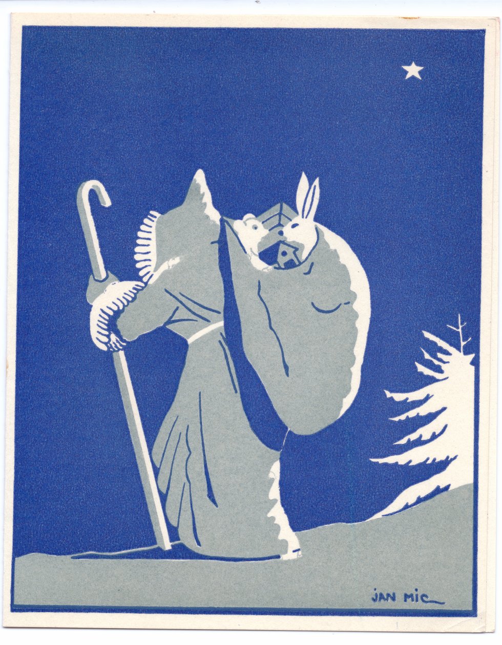 Eine handkolorierte französische Pochoir-Weihnachtskarte von Weihnachtsmann in Silhouette, der mit einem Stock geht und einen Sack mit einem Hasen und einem Bären darin trägt, um 1920 von English School