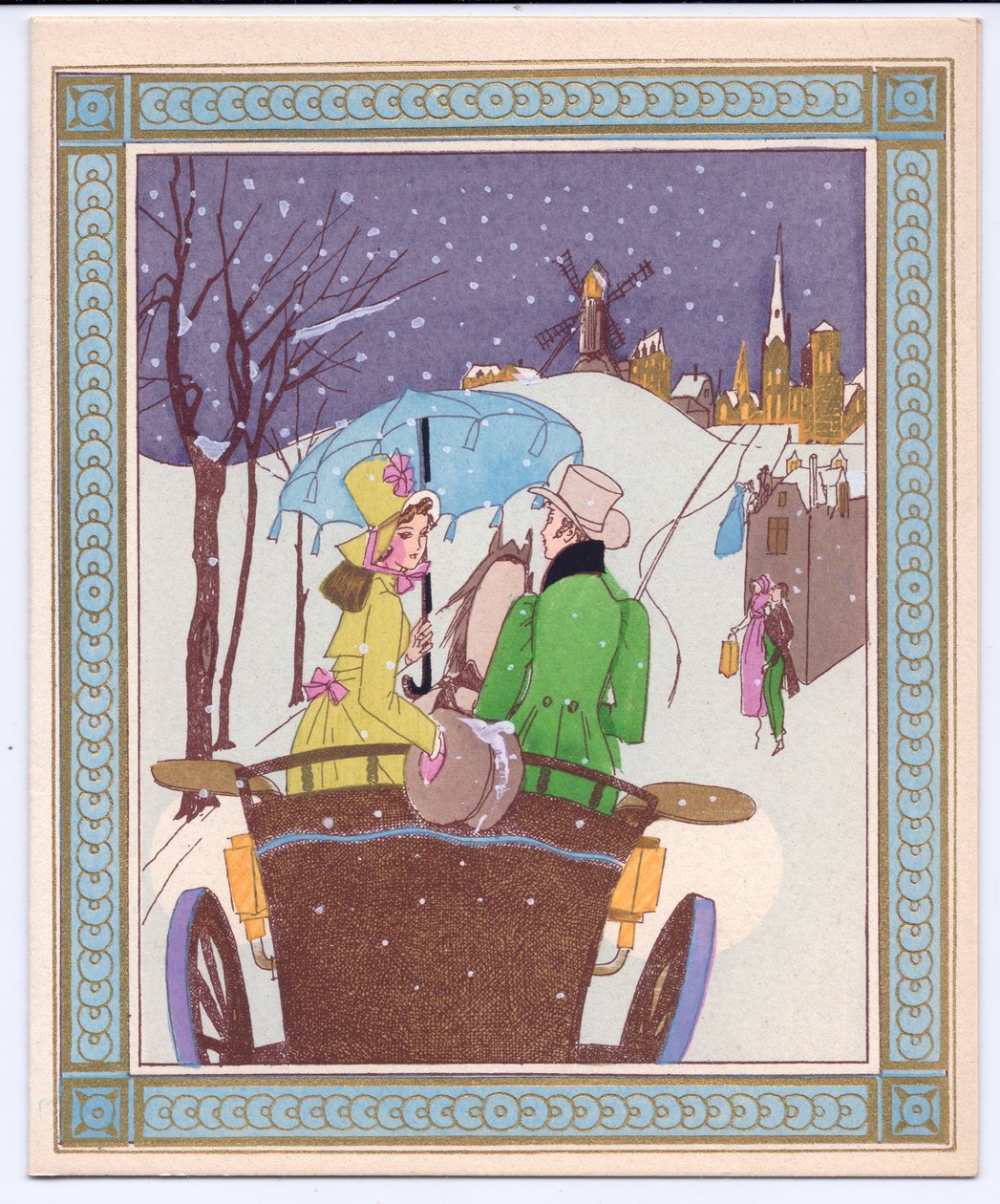 Eine handkolorierte französische Pochoir-Weihnachtskarte eines Rencecy-Paares in einer offenen Kutsche, die durch den Schnee fährt, ca. 1920 von English School