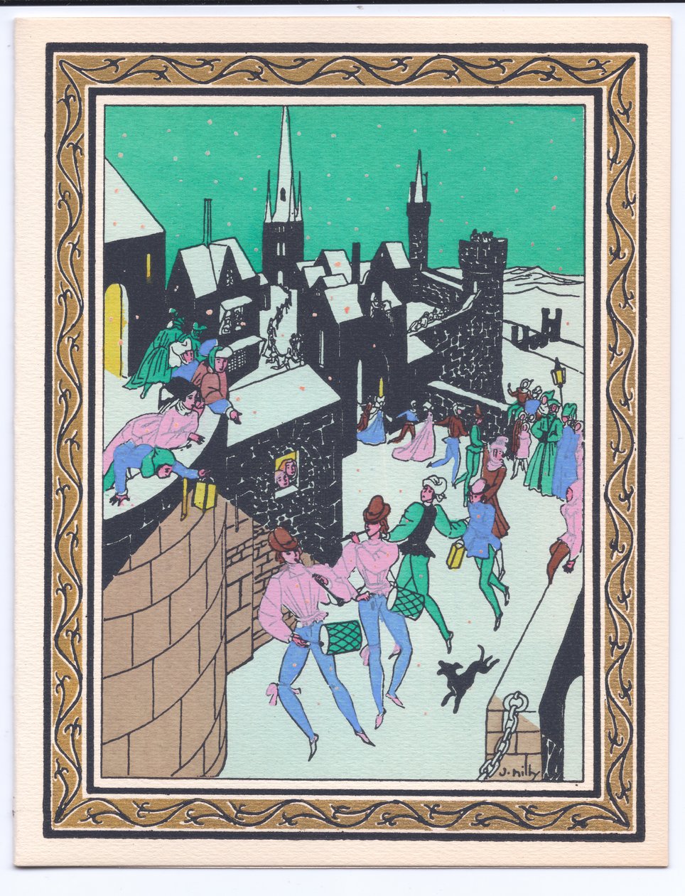 Eine handkolorierte französische Pochoir-Weihnachtskarte mit einer Parade von Musikern, die in den Festungsmauern eines Schlosses auftreten, ca. 1920 von English School