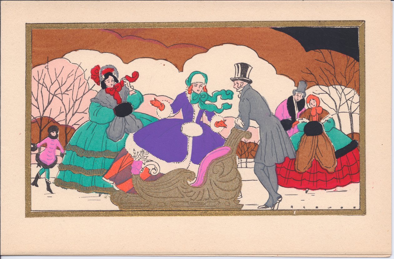 Eine handkolorierte französische Pochoir-Weihnachtskarte von viktorianischen Eisläufern mit einem Schlitten, um 1920 von English School