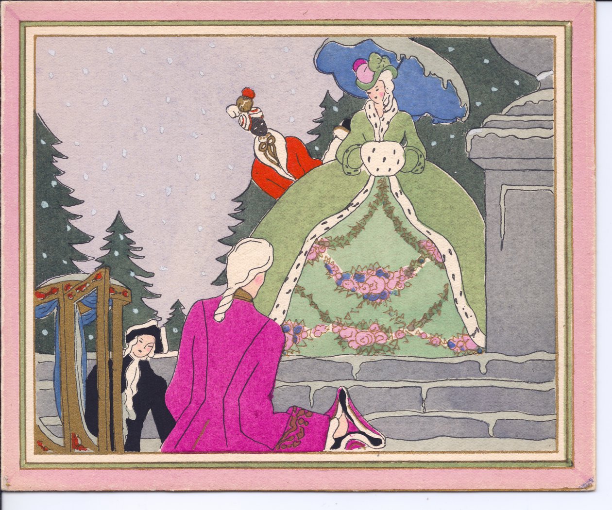 Eine handkolorierte französische Pochoir-Weihnachtskarte eines gepuderten Mannes, der aus einem Sänftestuhl aussteigt und von einer Dame in einem Hermelinpelzmantel mit ihrem schwarzen Diener empfangen wird, circa 1920 von English School