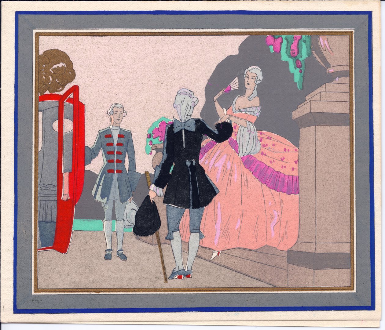 Handkolorierte französische Pochoir-Weihnachtskarte einer vornehmen Dame, die im Begriff ist, in ihre Kutsche zu steigen, deren Tür von einem Diener gehalten wird, ca. 1920 von English School