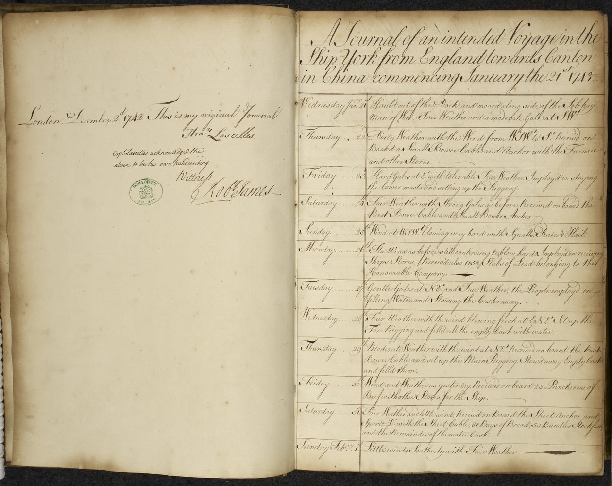 Ein Tagebuch einer geplanten Reise auf dem Schiff York von England nach Kanton in China, beginnend am 21. Januar von English School