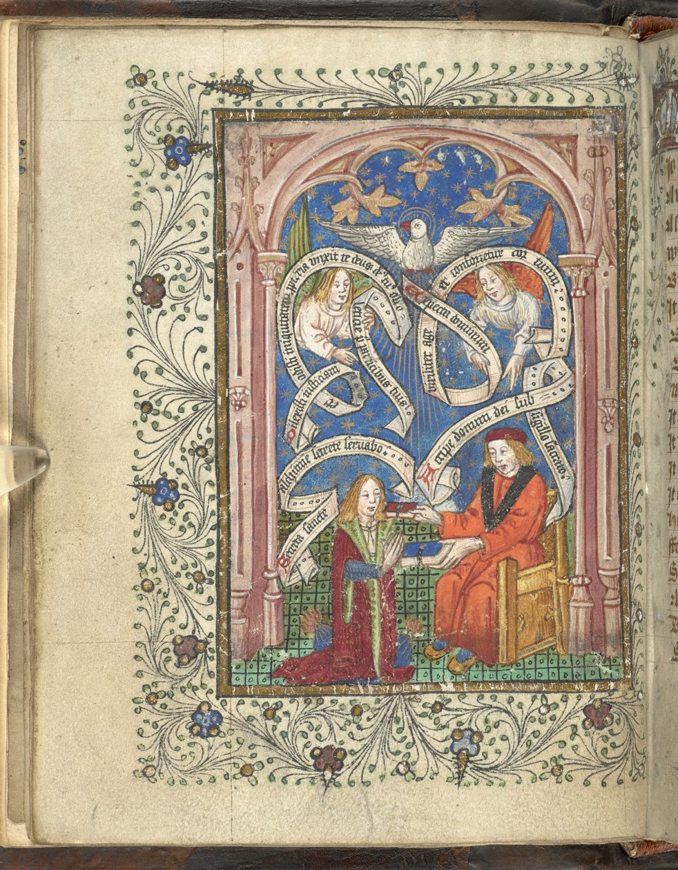 Ein kniender Schüler, möglicherweise der Autor, Norton, der ein Buch von seinem Meister erhält, mit Engeln, Schriftrollen und einer Taube darüber. Ordinal der Alchemie. Thomas Norton, 4. Viertel des 15. Jahrhunderts von English School