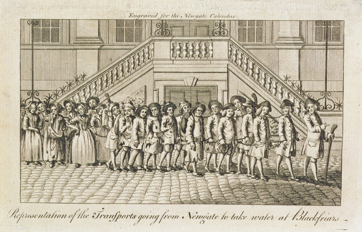 Eine Reihe von angeketteten Sträflingen aus dem Newgate-Gefängnis, Old Bailey, die nach Blackfriars zur Deportation gebracht werden, ca. 1760 von English School