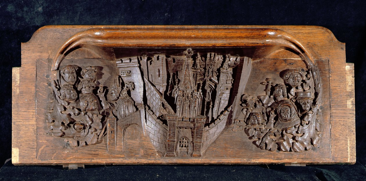 Eine Miserikordie, die eine ummauerte Stadt mit einem Tor und hochgezogenem Fallgitter darstellt, New College Chapel, Oxford, spätes 14. Jahrhundert von English School
