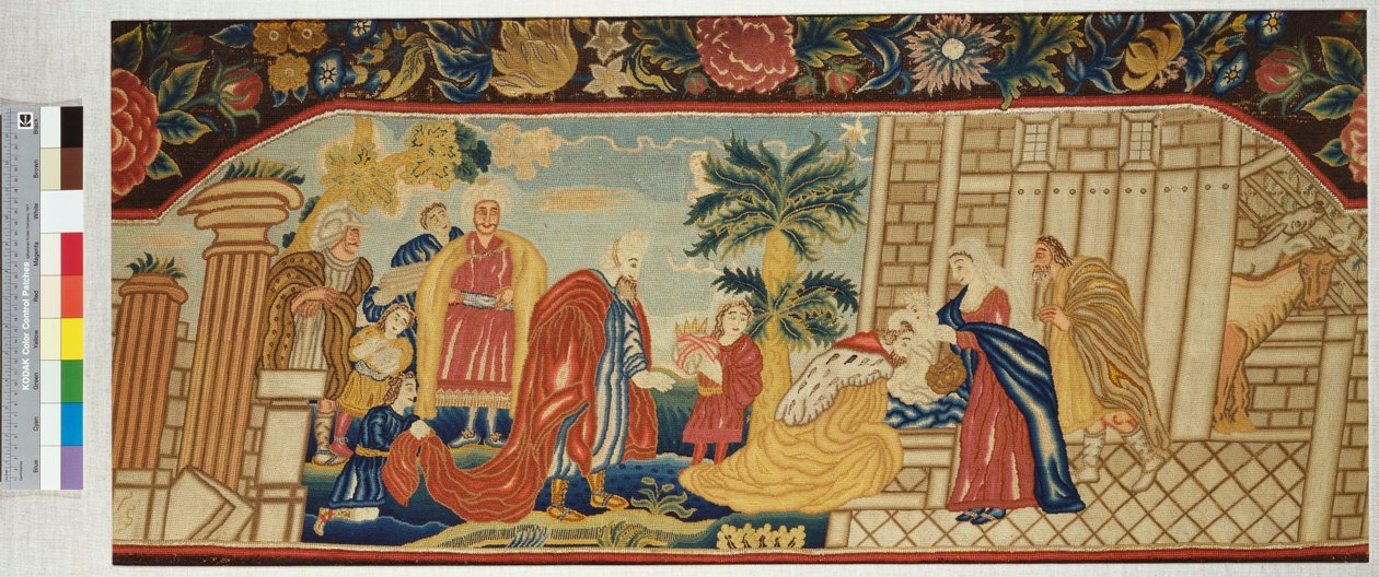 Ein fein gearbeiteter Nadelarbeit-Sofasitz, der die Anbetung der Könige darstellt, ca. 1730 von English School