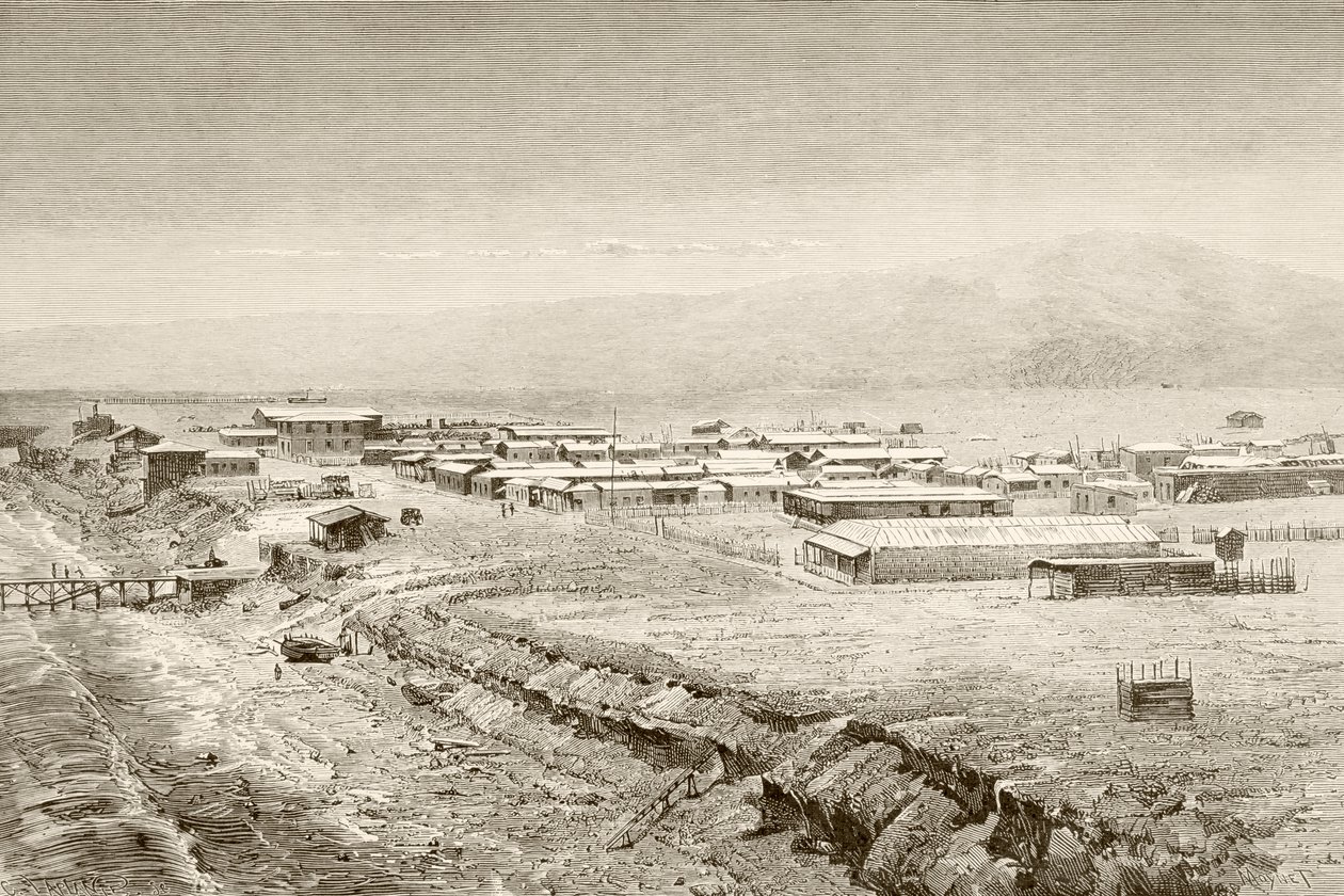 Eine Ansicht des 19. Jahrhunderts von Mejillones, Chile (Lithografie) von English School