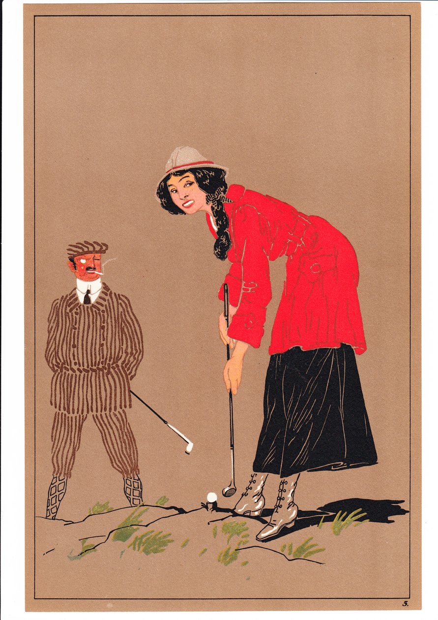 Druck von zwei Golfern in komischen und humorvollen Posen, ca. 1920 von English School