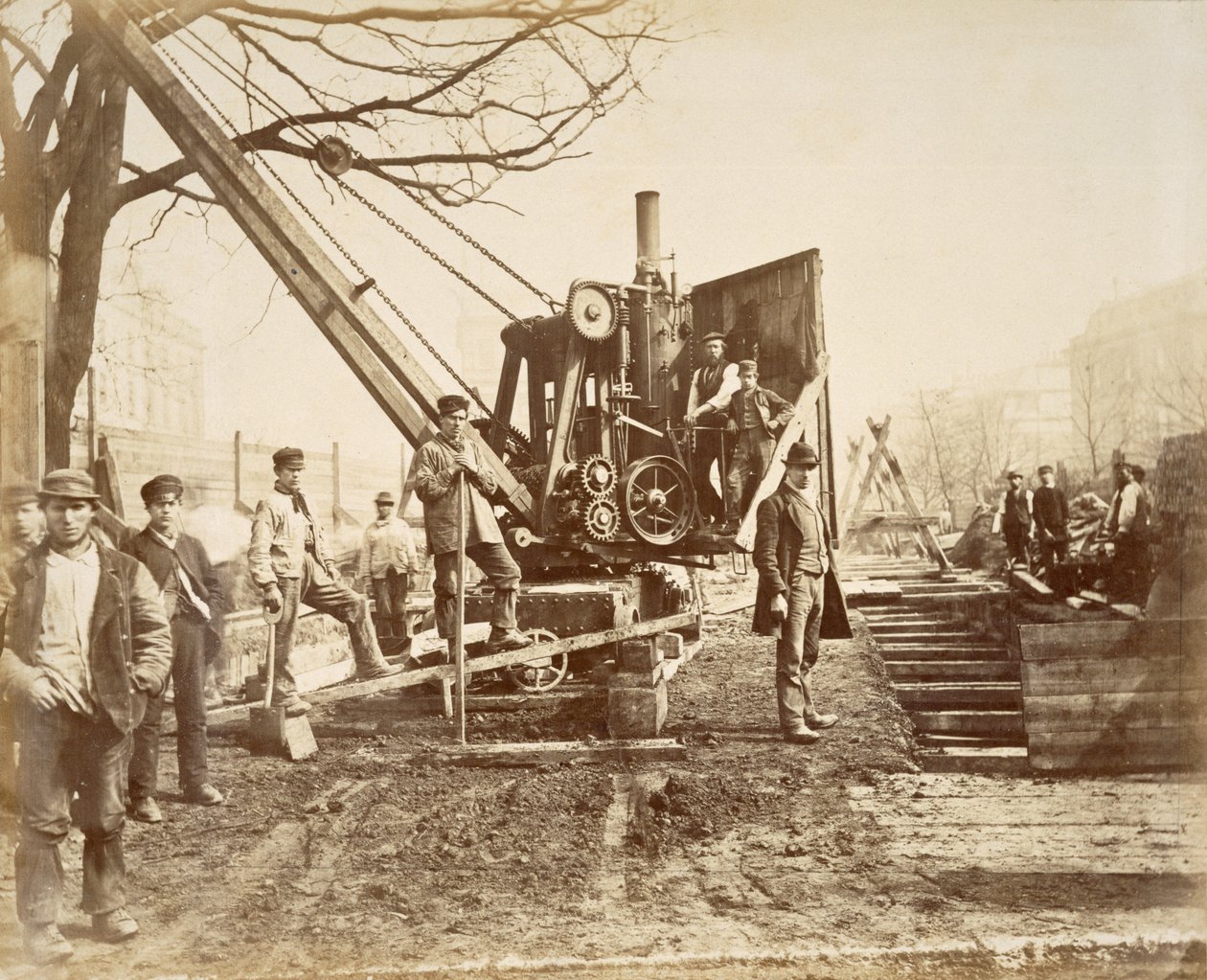 Ein Dampfkran im Einsatz beim Bau der Circle Line in Paddington, London, um 1890 von English School