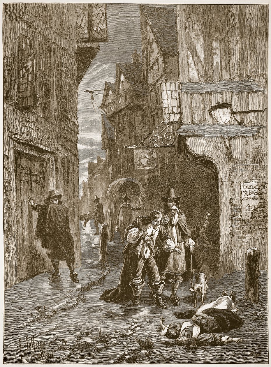 Eine Straße in London während der Großen Pest, Illustration aus Cassells Illustrierter Geschichte Englands von English School