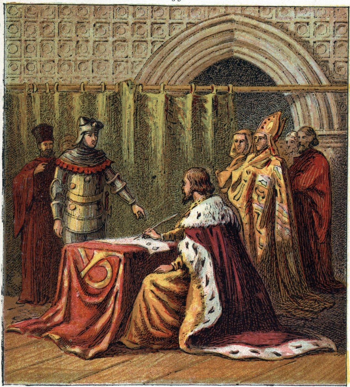 Abdankung von König Richard II. von England (1367-1400) im Jahr 1399 zugunsten seines Cousins Heinrich (Heinrich IV. von England) von English School