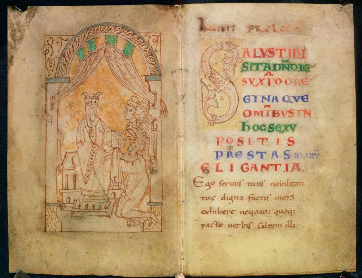 Königin Emma, Ehefrau von Ethelred II und Cnut, erhält das Buch von seinem Autor; Kapital 
