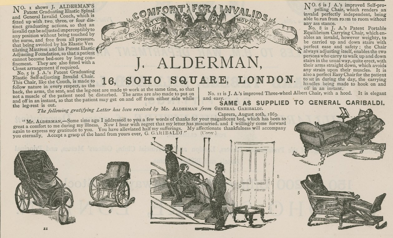Werbung für J Alderman, Hersteller von Invalidenwagen von English School