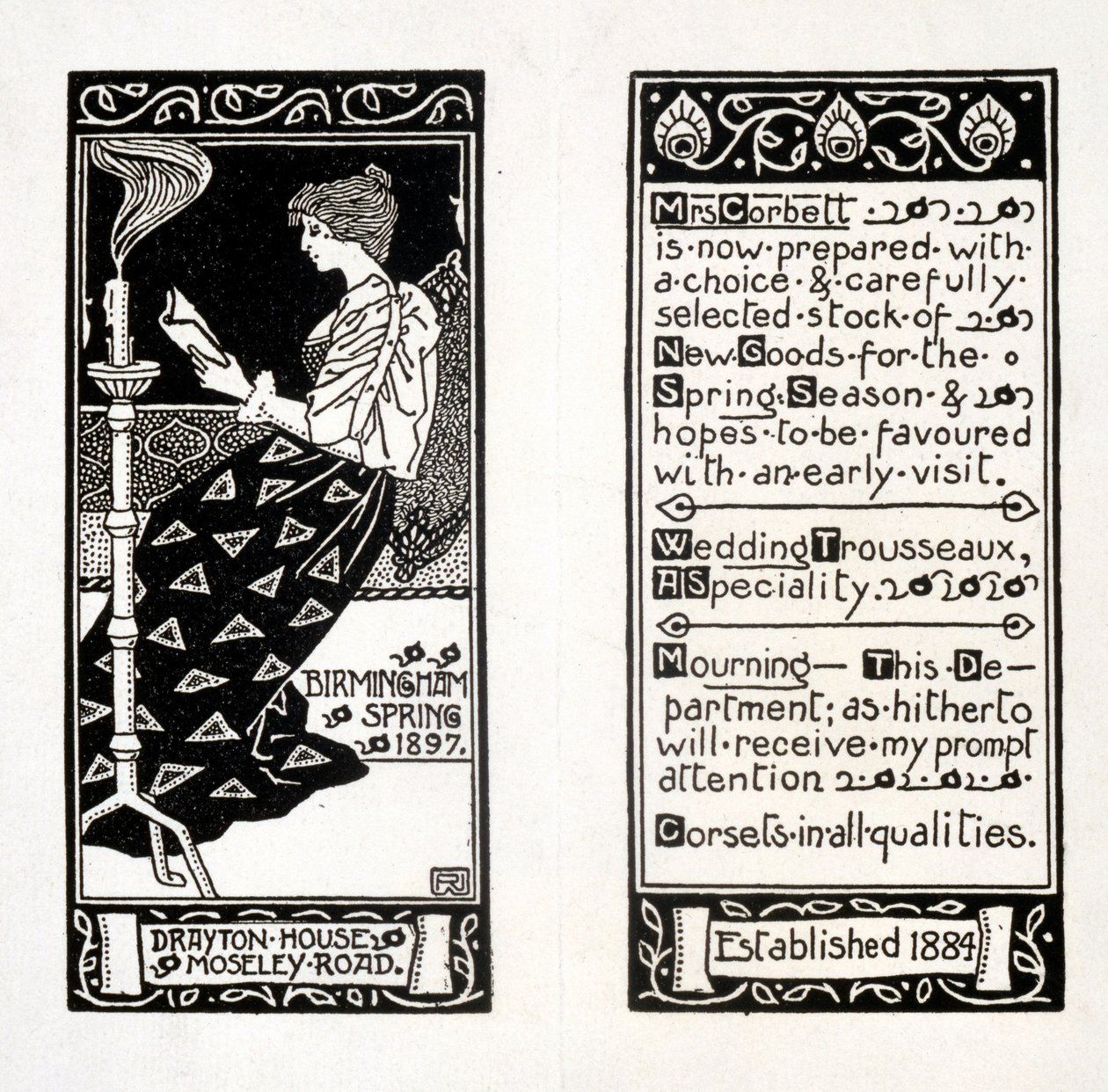 Werbung für Mrs. Corbett im Drayton House, Birmingham, 1897 von English School
