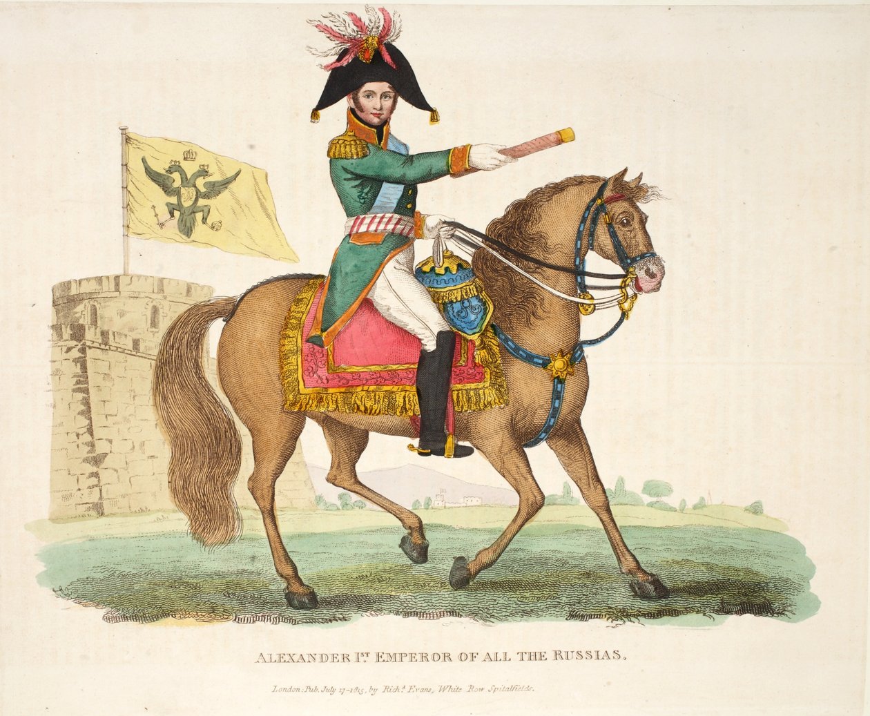 Alexander I., Kaiser von ganz Russland, veröffentlicht von Richard Evans, graviert von Romney, Illustration aus An Historical Account of the Battle of Waterloo von William Mudford, 1816 von English School