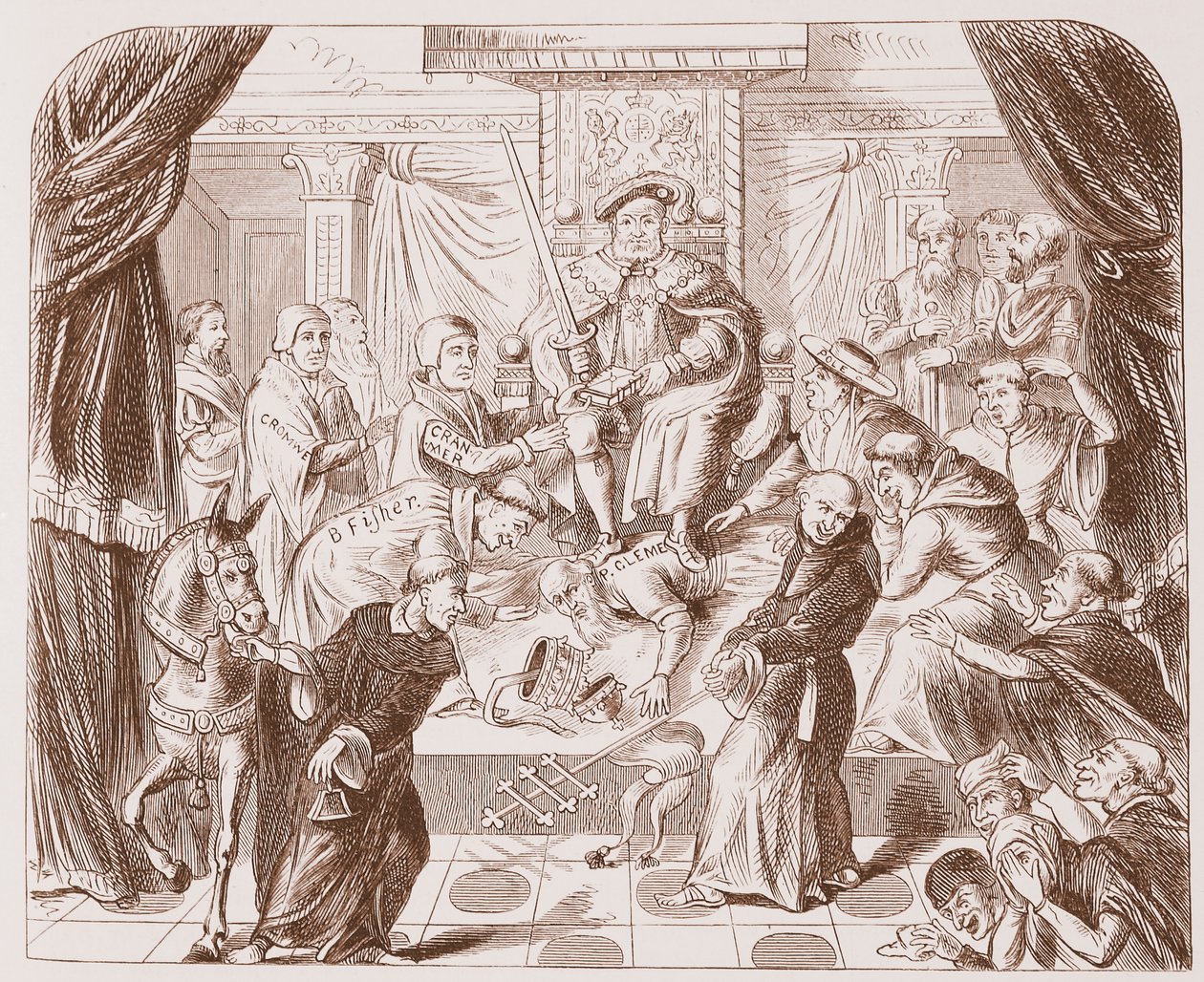 Allegorisches Bild von Heinrich VIII., der auf Papst Clemens tritt, aus einem alten Druck im British Museum von English School