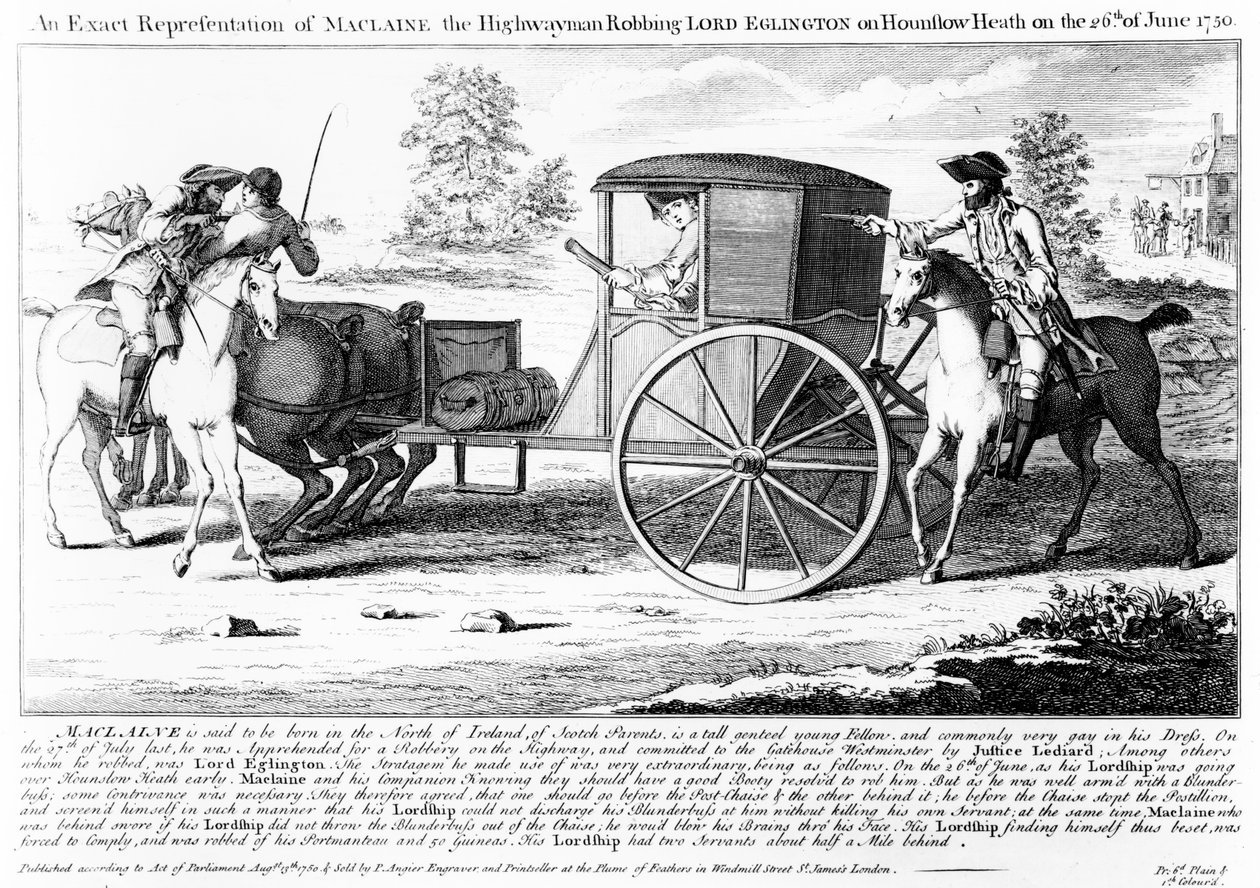 Eine genaue Darstellung des Straßenräubers Maclaine, der Lord Eglington auf dem Hounslow Heath am 26. Juni 1750 ausraubt, Druck von Charles Mosley, 1750 von English School
