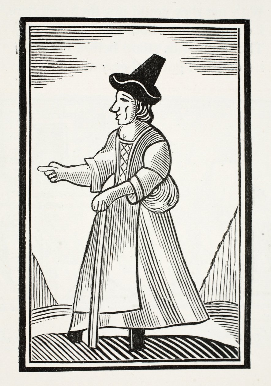Eine alte Frau schimpft in einem hohen Hut, Illustration aus Chap-books des achtzehnten Jahrhunderts von John Ashton, veröffentlicht 1882 von English School
