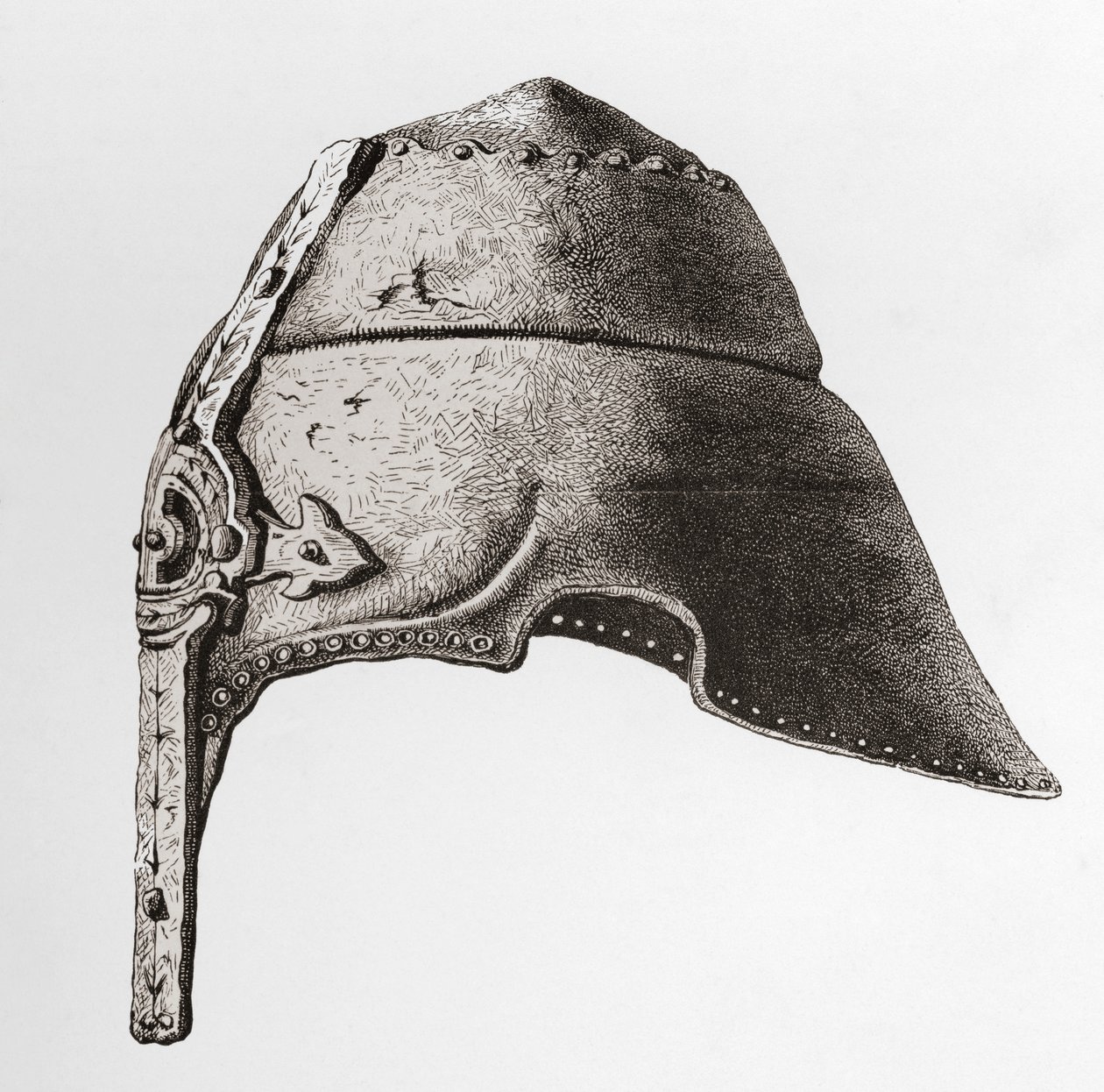 Ein früher Nasenhelm aus dem 12. Jahrhundert, aus Die britische Armee: Ihre Ursprünge, Fortschritte und Ausrüstung, veröffentlicht 1868. von English School