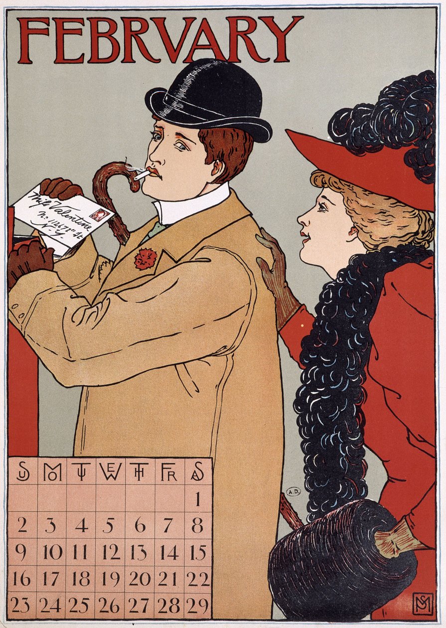 Ein elegantes Paar (Mann wirft einen Brief ein), englisches Kalenderbild, Monat Februar, n.d. Ende 19. Jahrhundert von English School