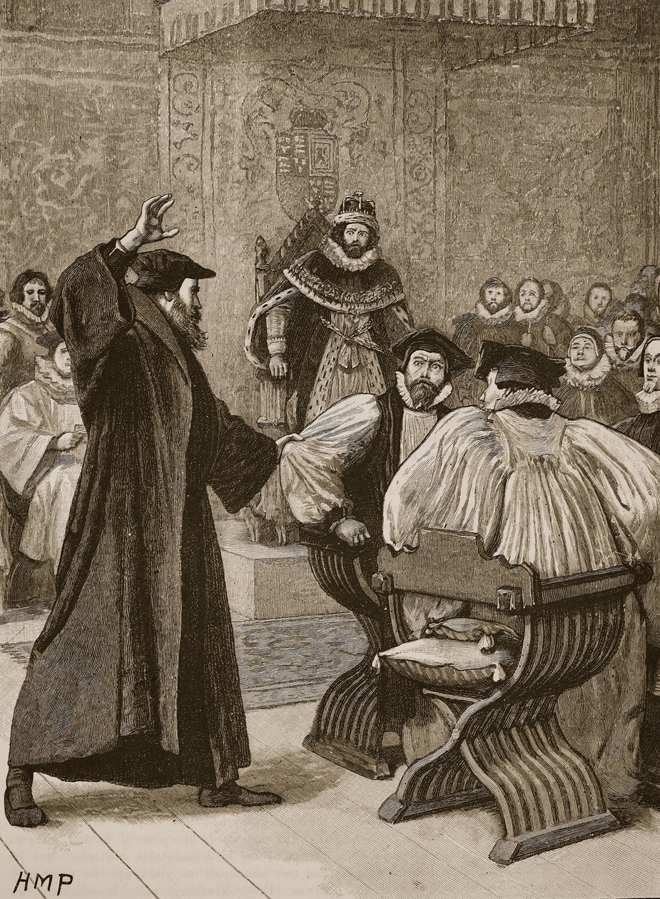 Andrew Melville vor dem schottischen Geheimrat, Illustration aus Cassells Illustrierter Geschichte Englands von English School