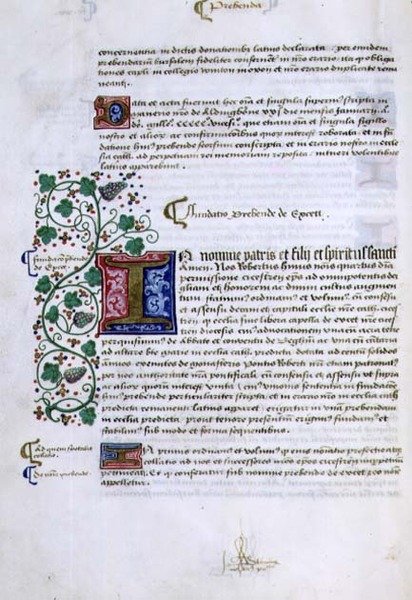 Archiv 9432 f.15v Seite mit Text und illuminiertem Initial, aus dem Gründungsbuch von Robert Sherborne oder Shirburn (ca. 1450-1536) Bischof von Chichester von English School