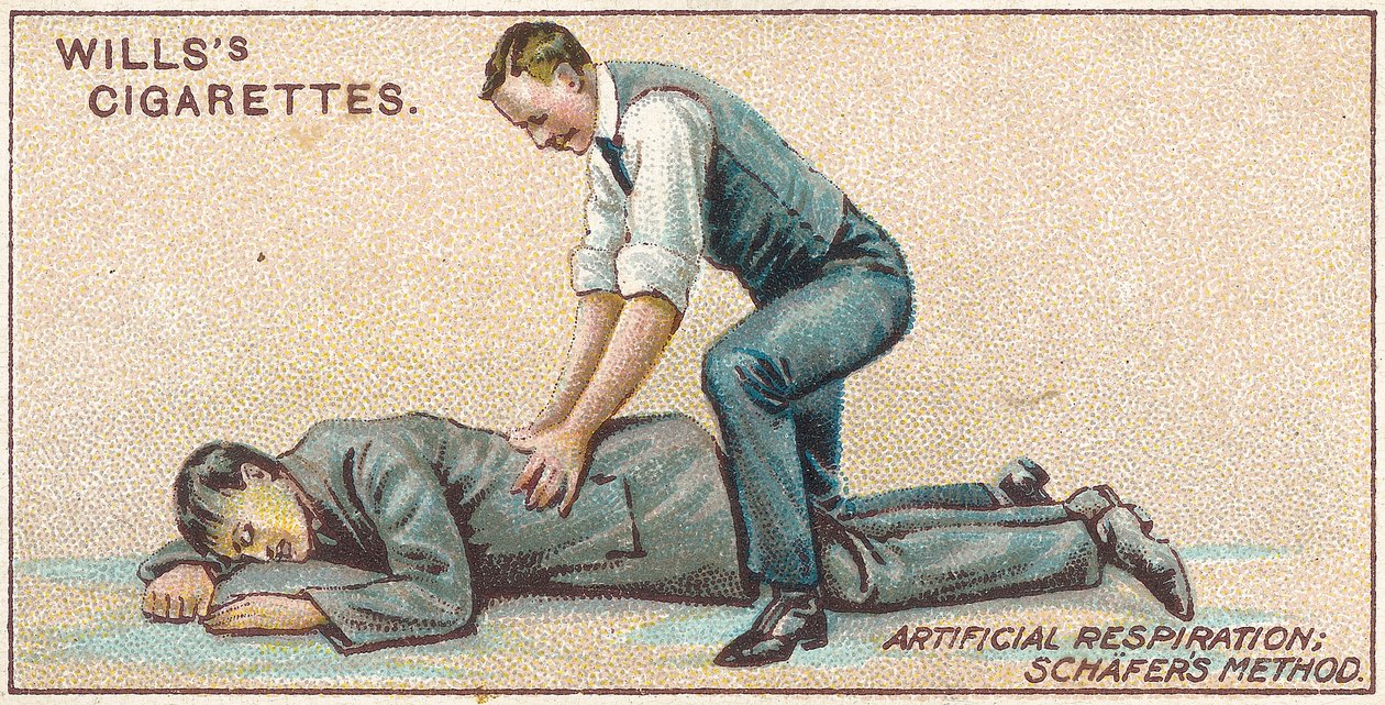 Künstliche Beatmung, Schafers Methode, Nr. 25 aus der Erste-Hilfe-Serie von Willss Zigarettenkarten, 1913 von English School