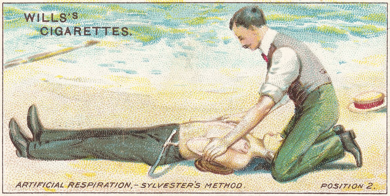Künstliche Beatmung, Sylvesters Methode - Position 2, Nr. 17 aus der Erste-Hilfe-Serie von Willss Zigarettenkarten, 1913 von English School