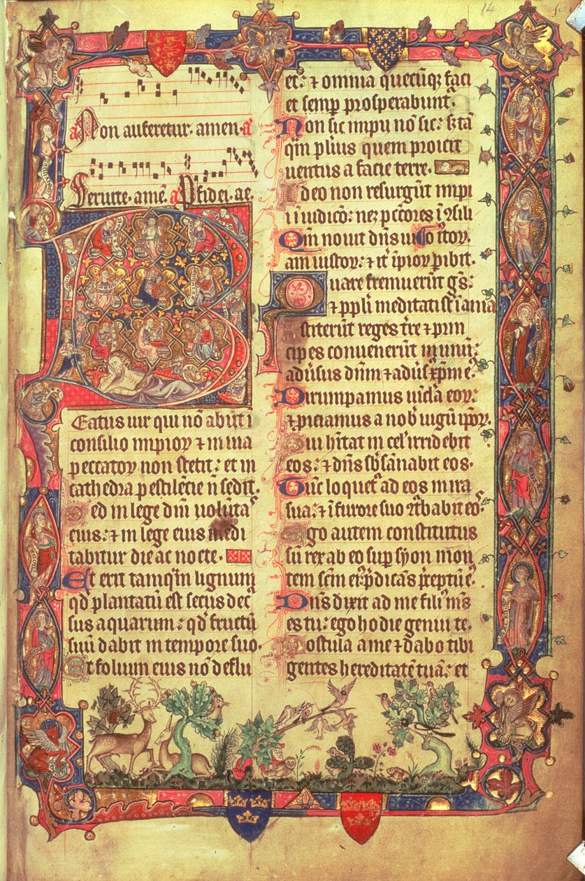Hirsche und Vögel, aus dem Arundel Psalter, ca. 1310 von English School