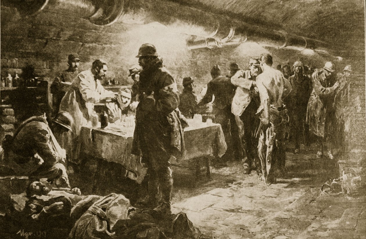 Arbeit in einem Kellerhilfsposten unter einem Fort von Verdun, 1914-19 von English School