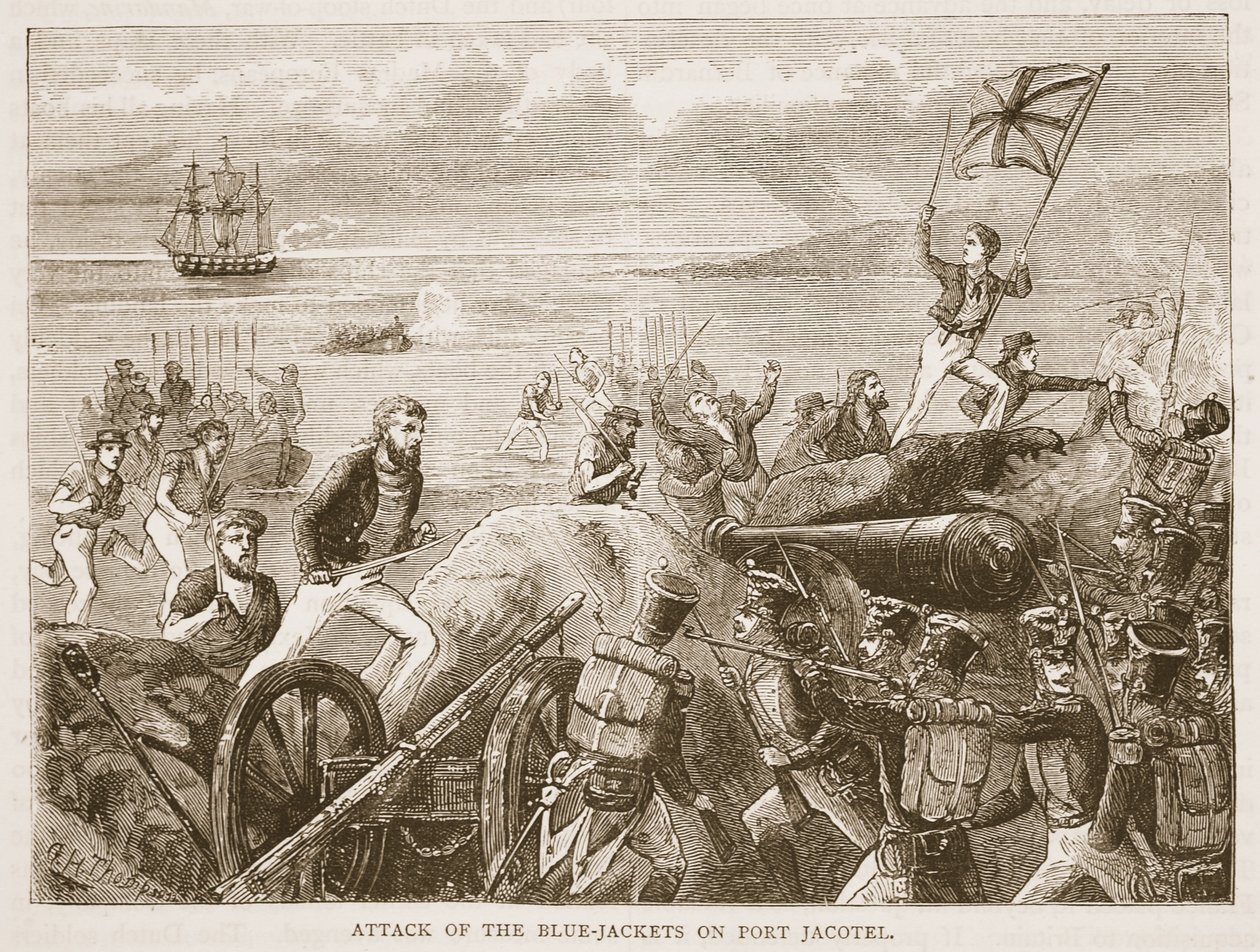 Angriff der Blaujacken auf Port Jacotel, Illustration aus Cassells Illustrierter Geschichte Indiens von James Grant, veröffentlicht 1879 von English School