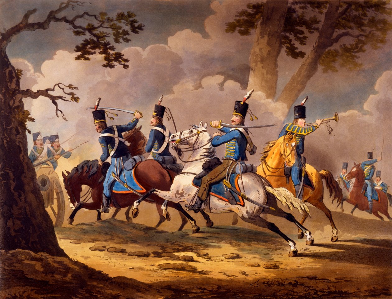 Österreichische Infanterie verteidigt ihre Artillerie gegen preußische Husaren, aus der Serie Kavallerieaktionen der Alliierten während der napoleonischen Feldzüge, veröffentlicht 1799-1802 von English School