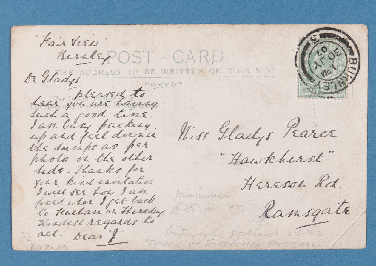 Rückseite der Jim Hogan-Postkarte, 1907 von English School
