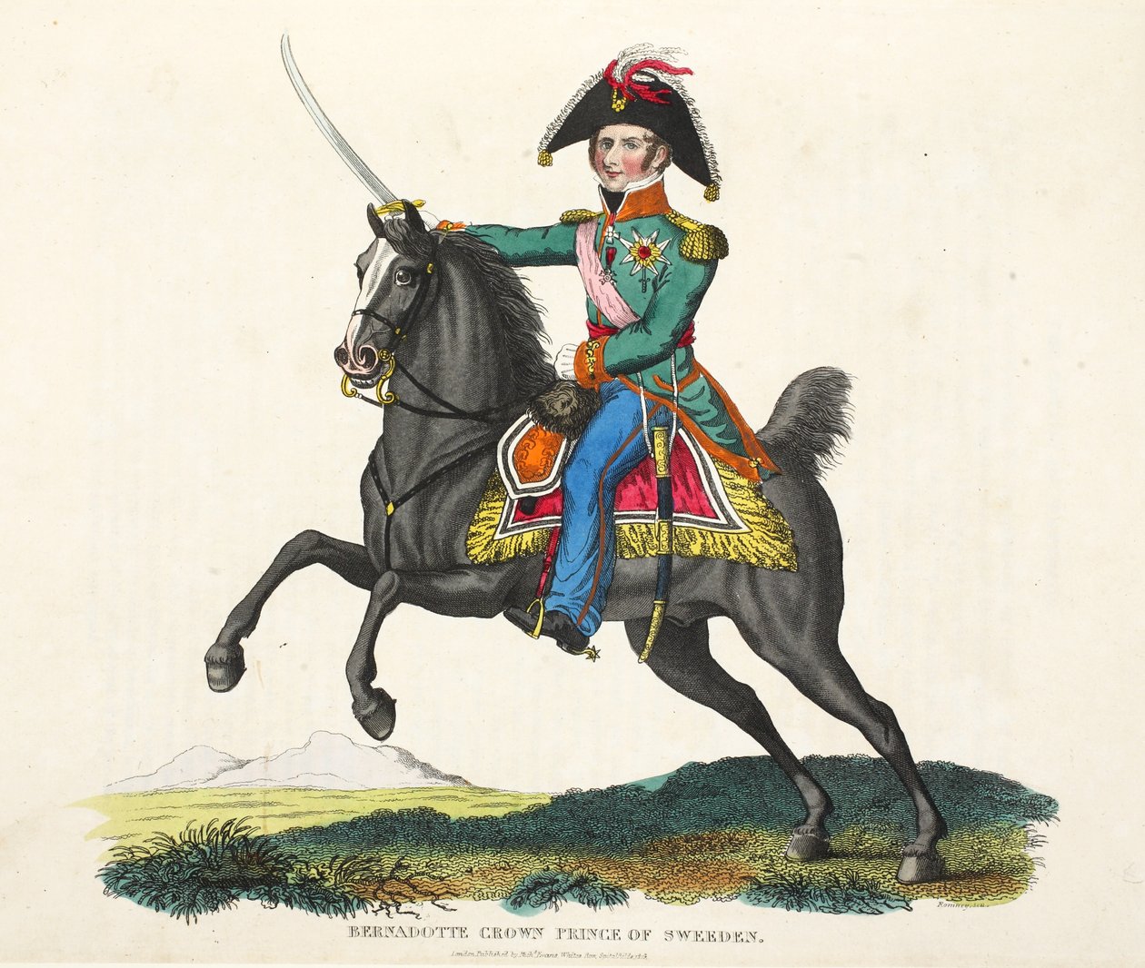 Bernadotte, Kronprinz von Schweden, veröffentlicht von Richard Evans, graviert von Romney, Illustration aus An Historical Account of the Battle of Waterloo von William Mudford, 1816 von English School