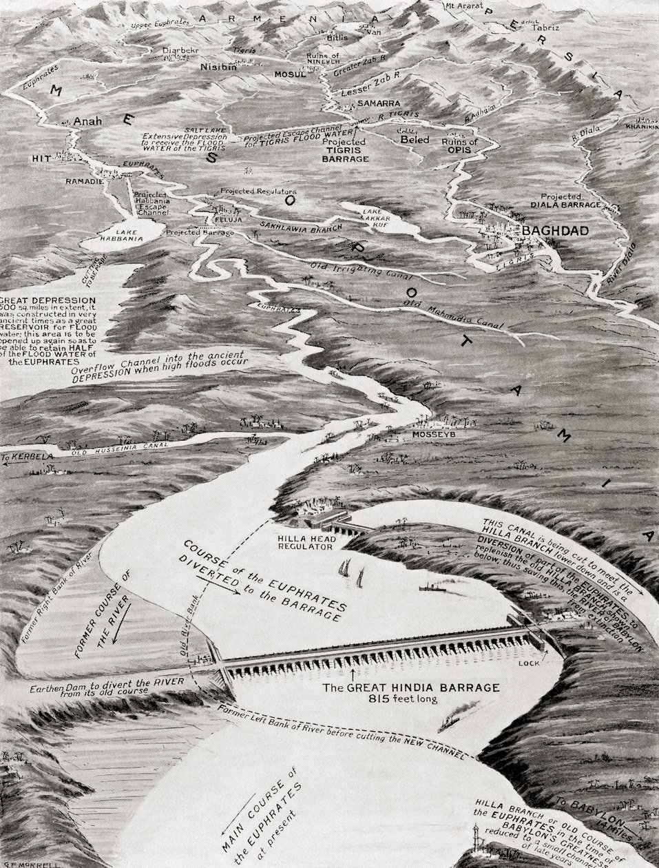 Vogelperspektive von Mesopotamien mit William Willcocks vorgeschlagenem Bewässerungssystem, aus Hutchinsons History of the Nations, veröffentlicht 1915 von English School