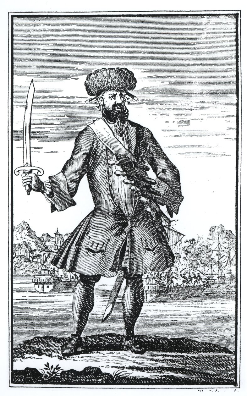 Blackbeard der Pirat, aus Eine allgemeine Geschichte der Raubüberfälle und Morde der berüchtigtsten Piraten von Kapitän Charles Johnson, veröffentlicht 1724 von English School