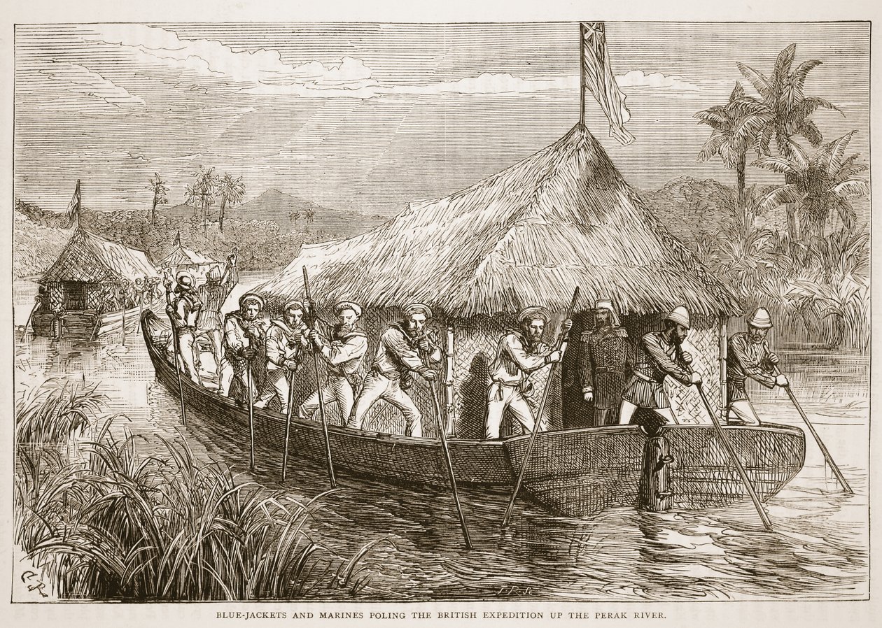 Matrosen und Marinesoldaten staken die britische Expedition den Perak-Fluss hinauf, Illustration aus Cassells Illustrierter Geschichte Englands von English School