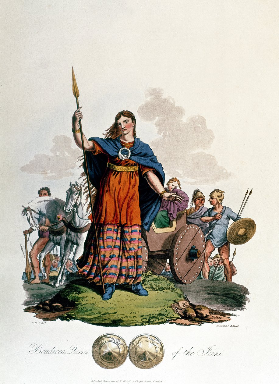 Boudicca, Königin der Iceni, entworfen von C.H.S., graviert von Richard Havell dem Älteren, veröffentlicht 1815 (Aquatinta) von English School
