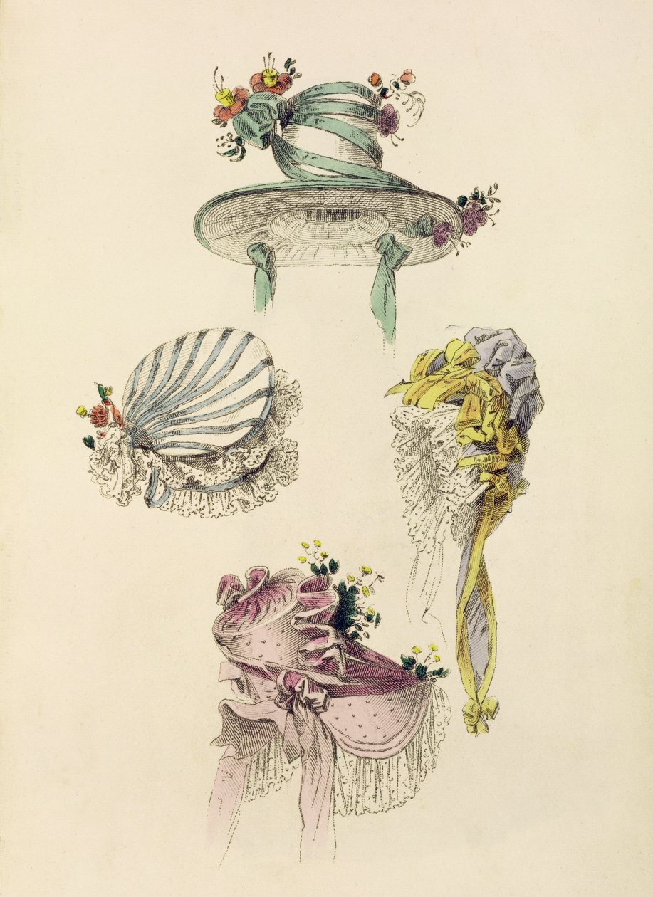 Hüte für einen Anlass, Modeplatte aus Ackermanns Repository of Arts von English School