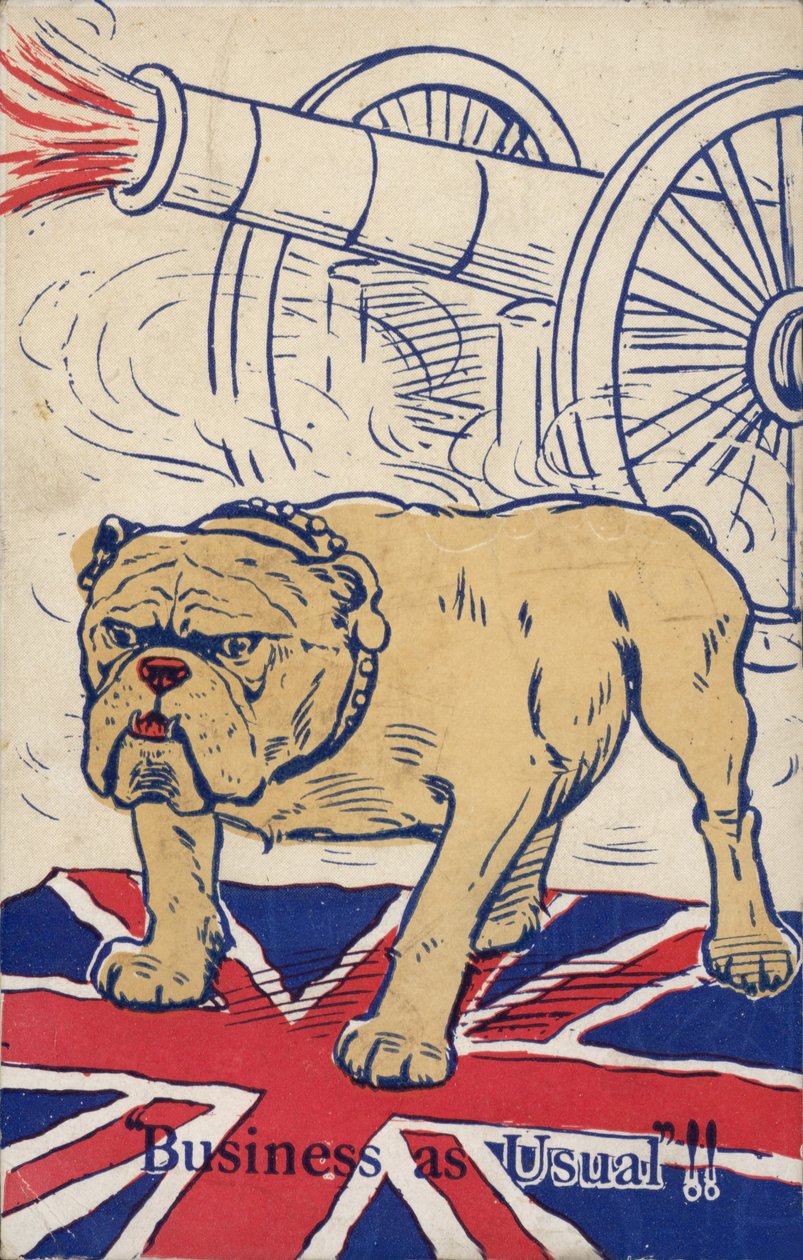 Britischer Bulldogge auf der Union-Flagge mit einem Kanonenschuss von English School