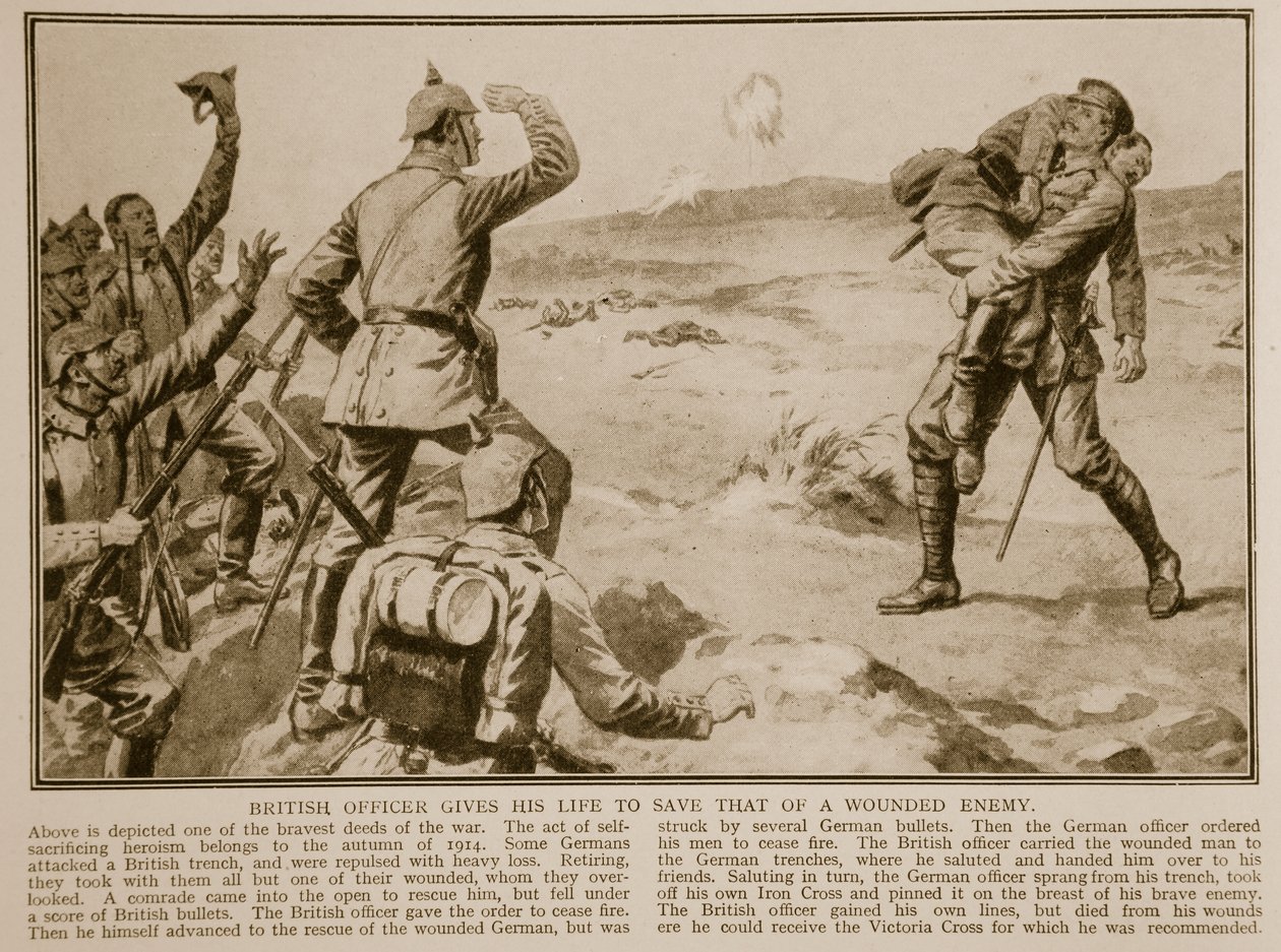 Britischer Offizier opfert sein Leben, um das eines verwundeten Feindes zu retten, 1914-19 von English School