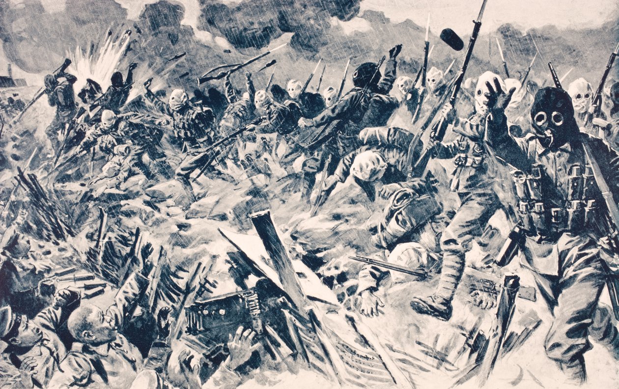 Britische Truppen in Gasmasken stürmen deutsche Schützengräben bei Loos, Frankreich, 25. September 1915, aus 