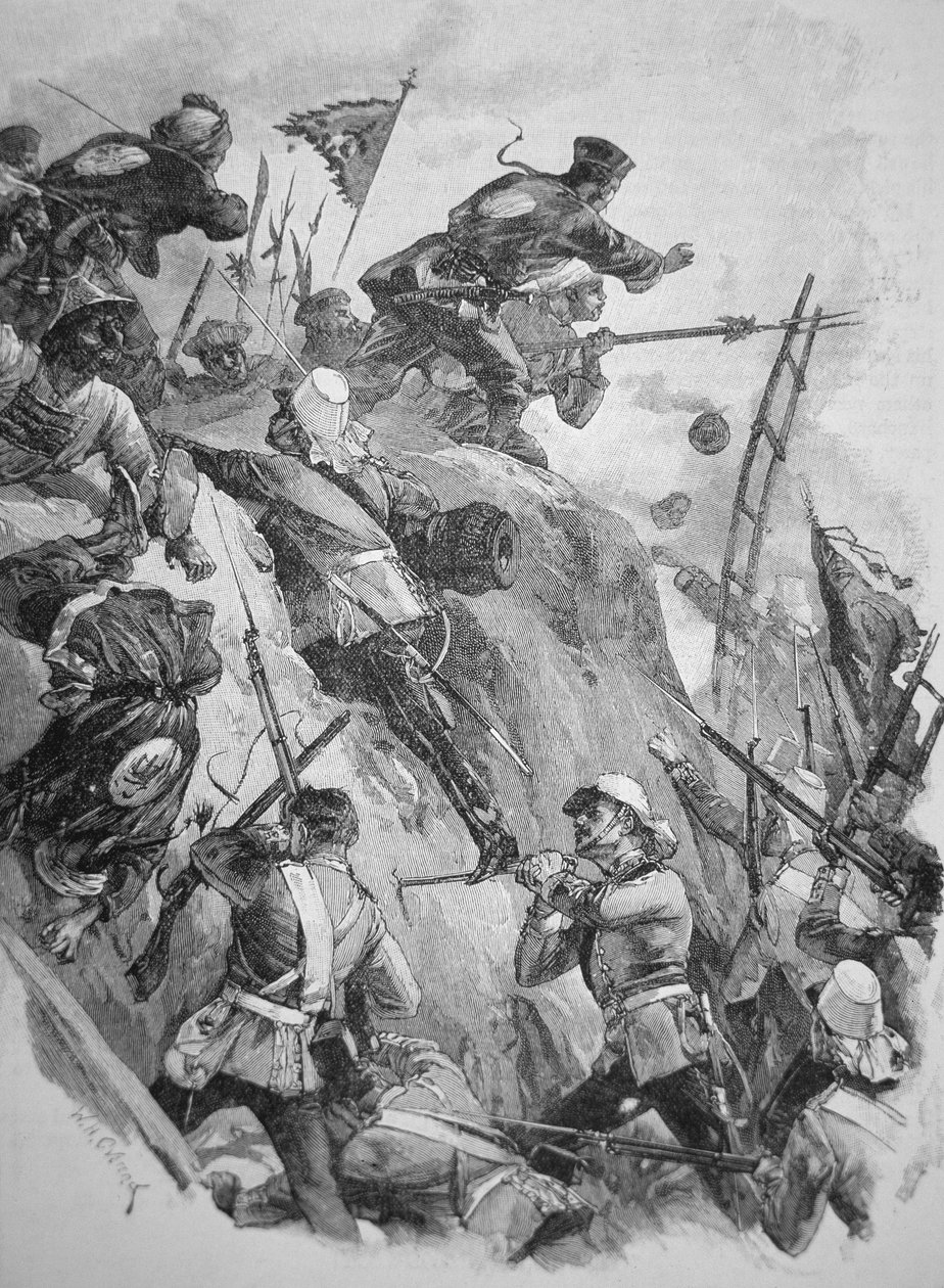 Britische Truppen stürmen die Taku-Forts in China im Jahr 1860 während der Opiumkriege von English School