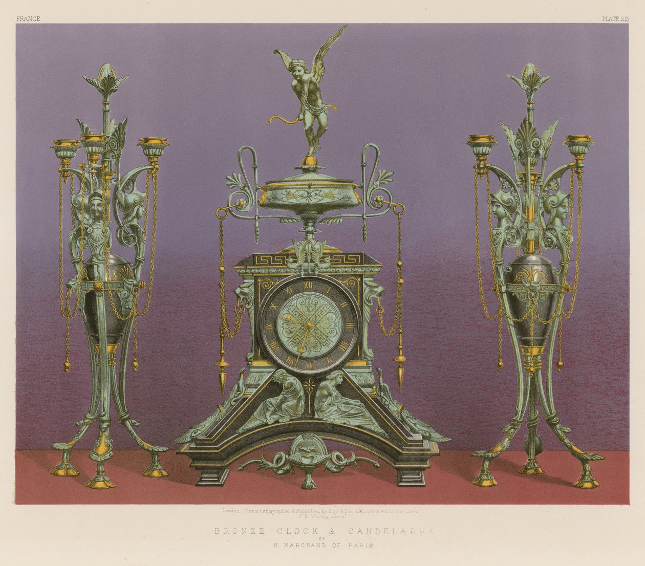 Bronzeuhr und Kandelaber von M. Marchand aus Paris von English School