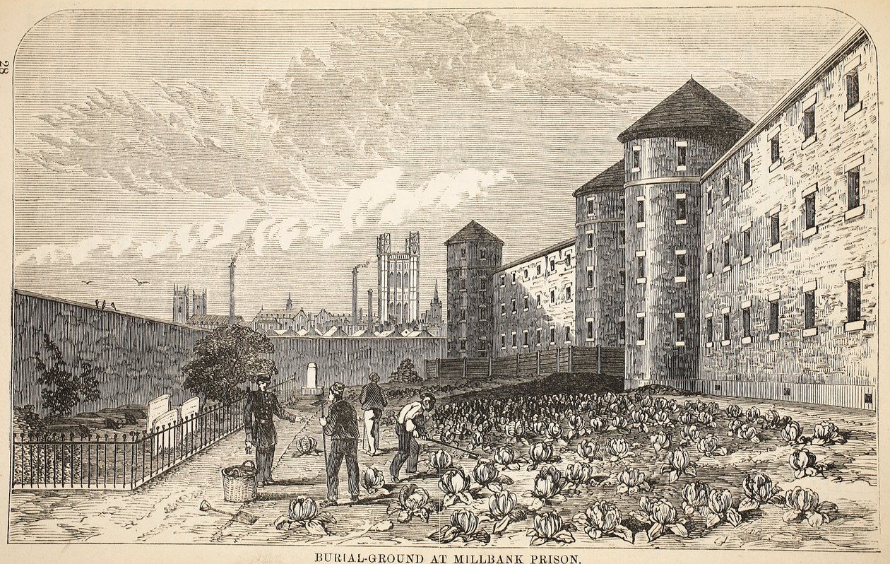 Friedhof im Millbank Prison, Illustration aus The Criminal Prisons of London and Scenes from Prison Life von Henry Mayhew und John Binny, veröffentlicht 1862 von English School
