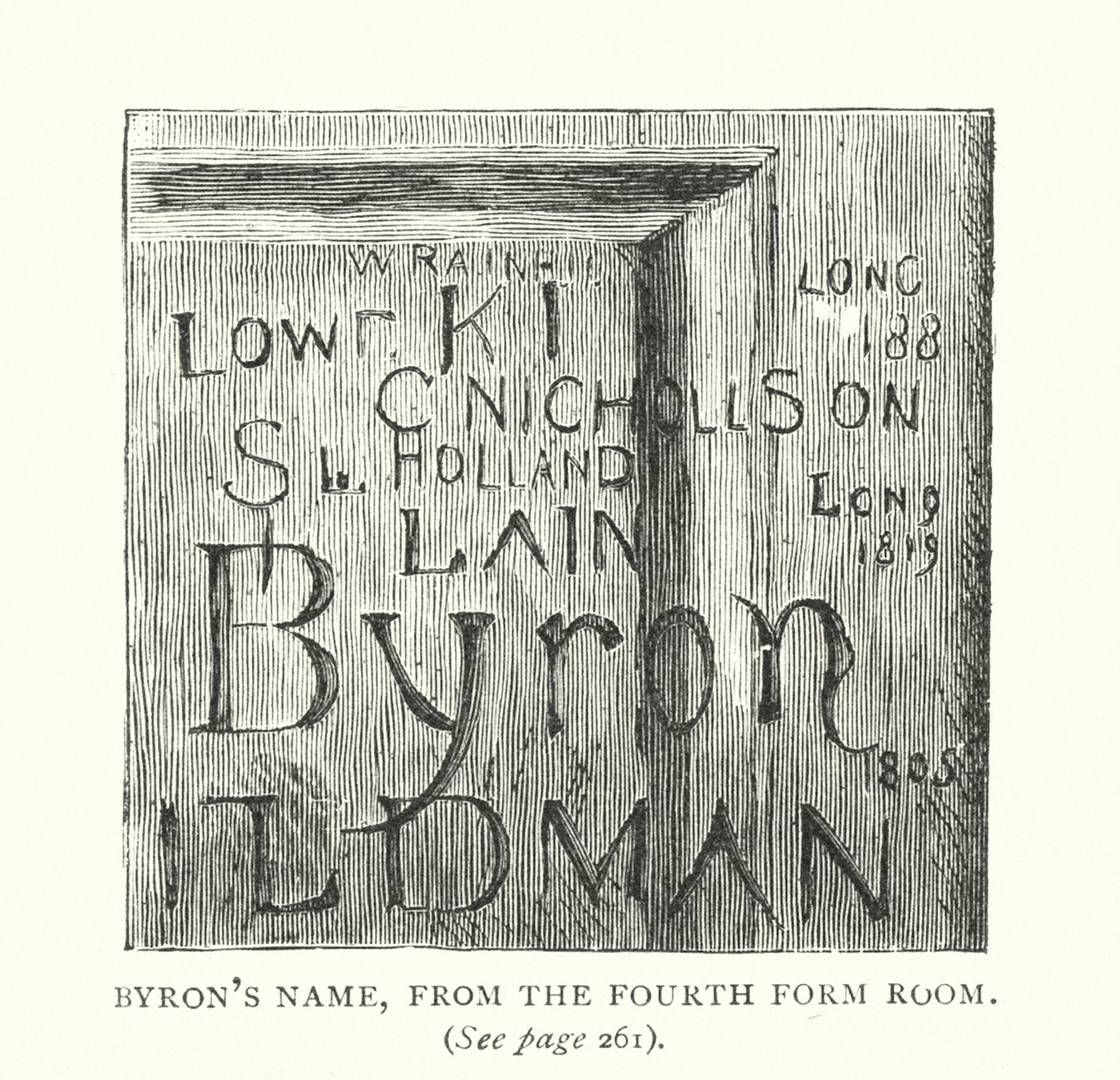 Byrons Name, aus dem Fourth Form Raum (Gravur) von English School