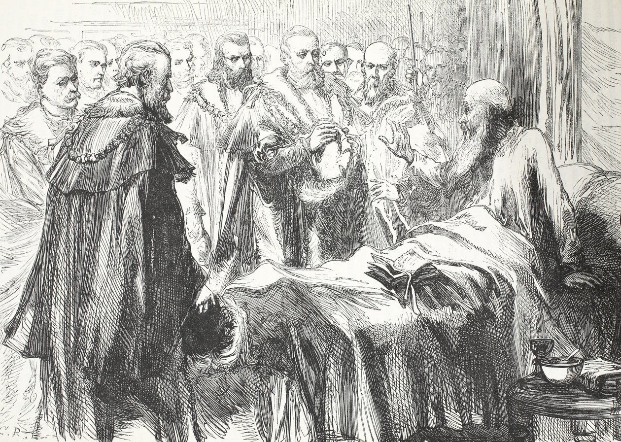 Calvin spricht den Rat zum letzten Mal an, Illustration aus Die Geschichte des Protestantismus von James Aitken Wylie, veröffentlicht 1878 von English School