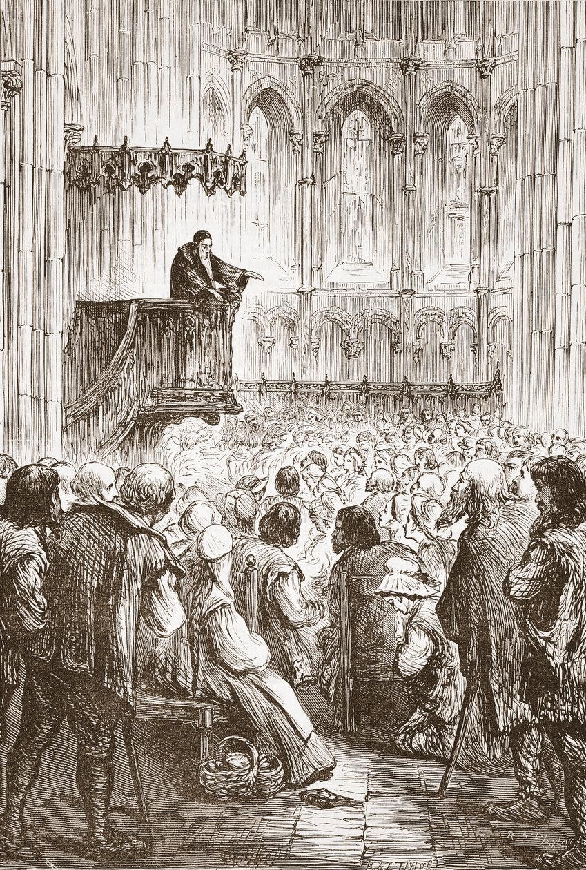 Calvin predigt seine Abschiedspredigt in Erwartung der Verbannung, Illustration aus Die Geschichte des Protestantismus von James Aitken Wylie, veröffentlicht 1878 von English School
