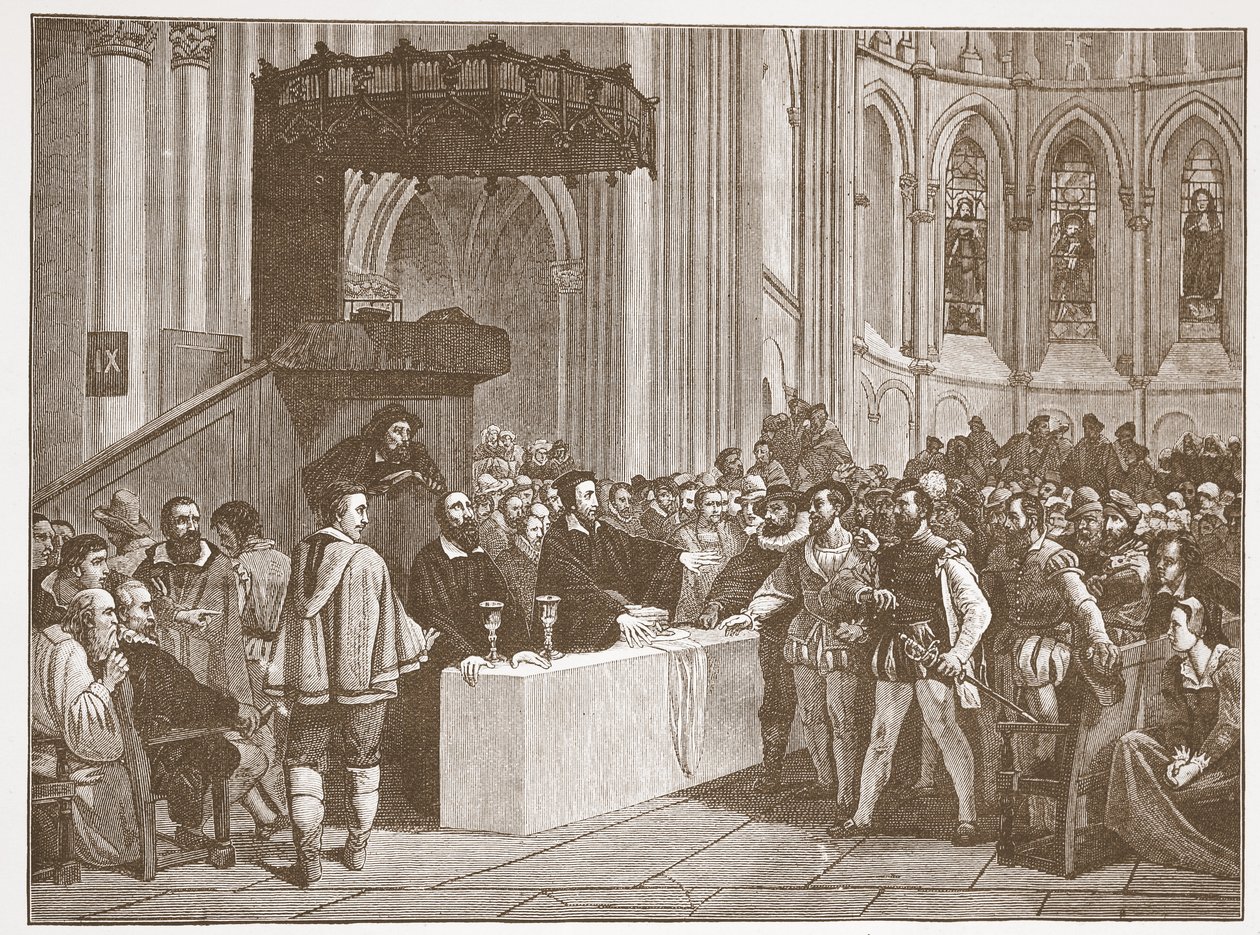 Calvin verweigert den Libertinen das Abendmahl in der St. Peters Kathedrale, Genf, Illustration aus The History of Protestantism von James Aitken Wylie, veröffentlicht 1878 von English School